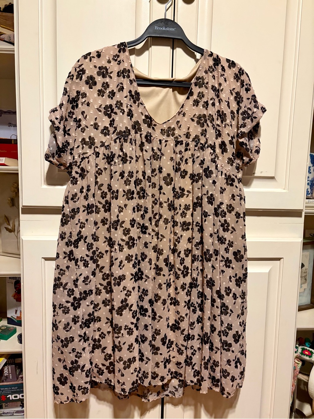 Brookstone Beige Floral Tunic with Black Print